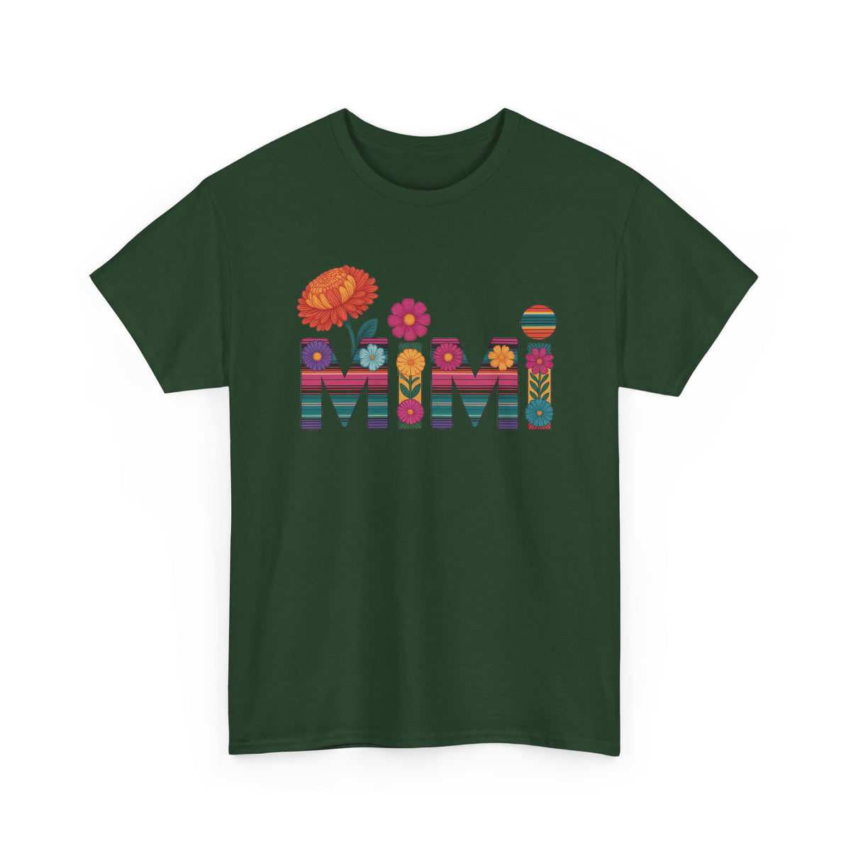 Forest green Mimi floral t-shirt with serape striped letters and bright flowers