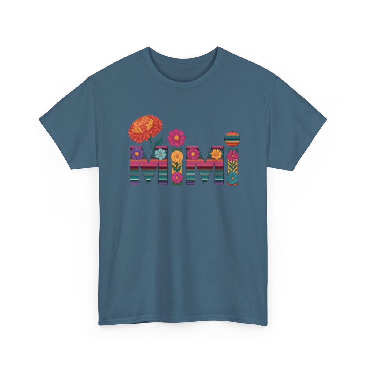 Indigo blue Mimi floral t-shirt with serape striped letters and bright flowers