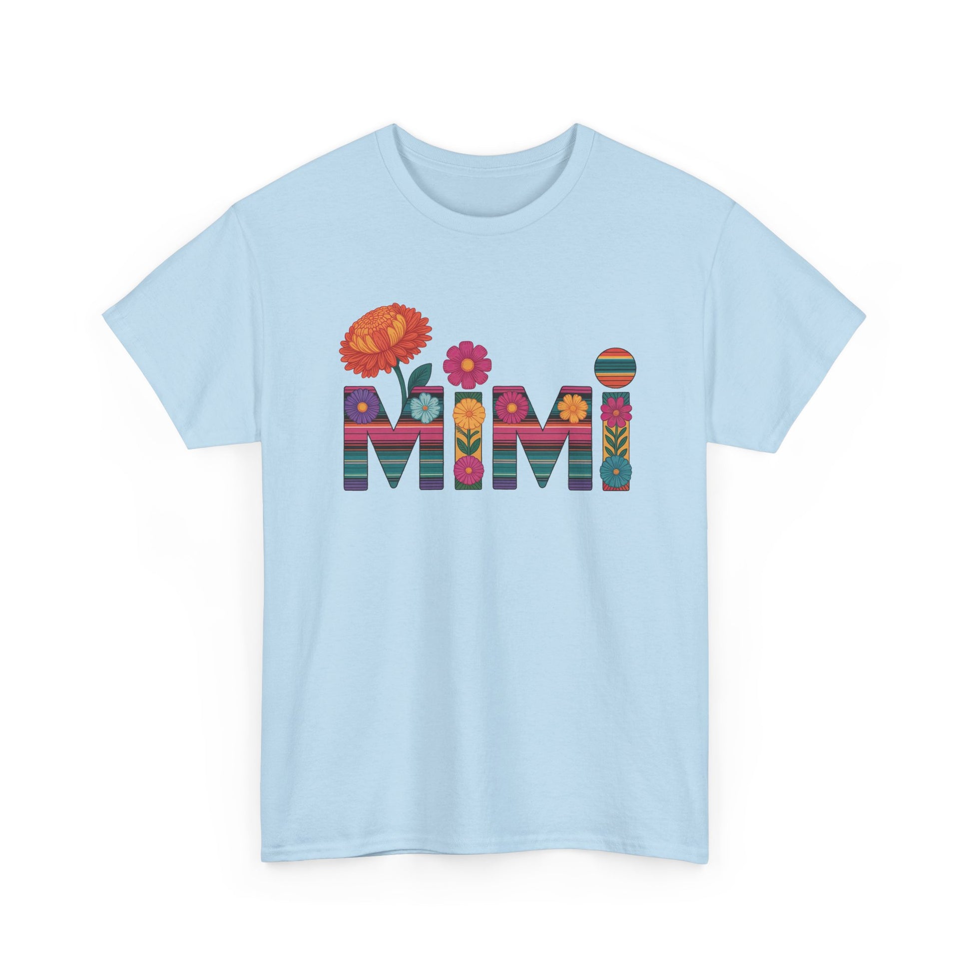 Light blue Mimi floral t-shirt with serape striped letters and bright flowers