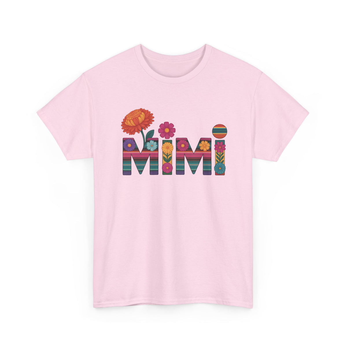 Light pink Mimi floral t-shirt with serape striped letters and bright flowers