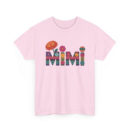 Light pink Mimi floral t-shirt with serape striped letters and bright flowers