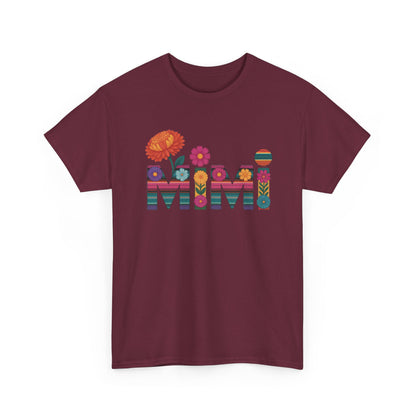Maroon Mimi floral t-shirt with serape striped letters and bright flowers