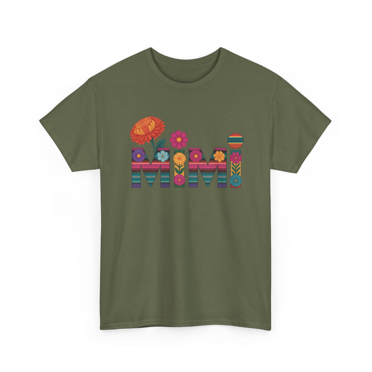 Military green Mimi floral t-shirt with serape striped letters and bright flowers