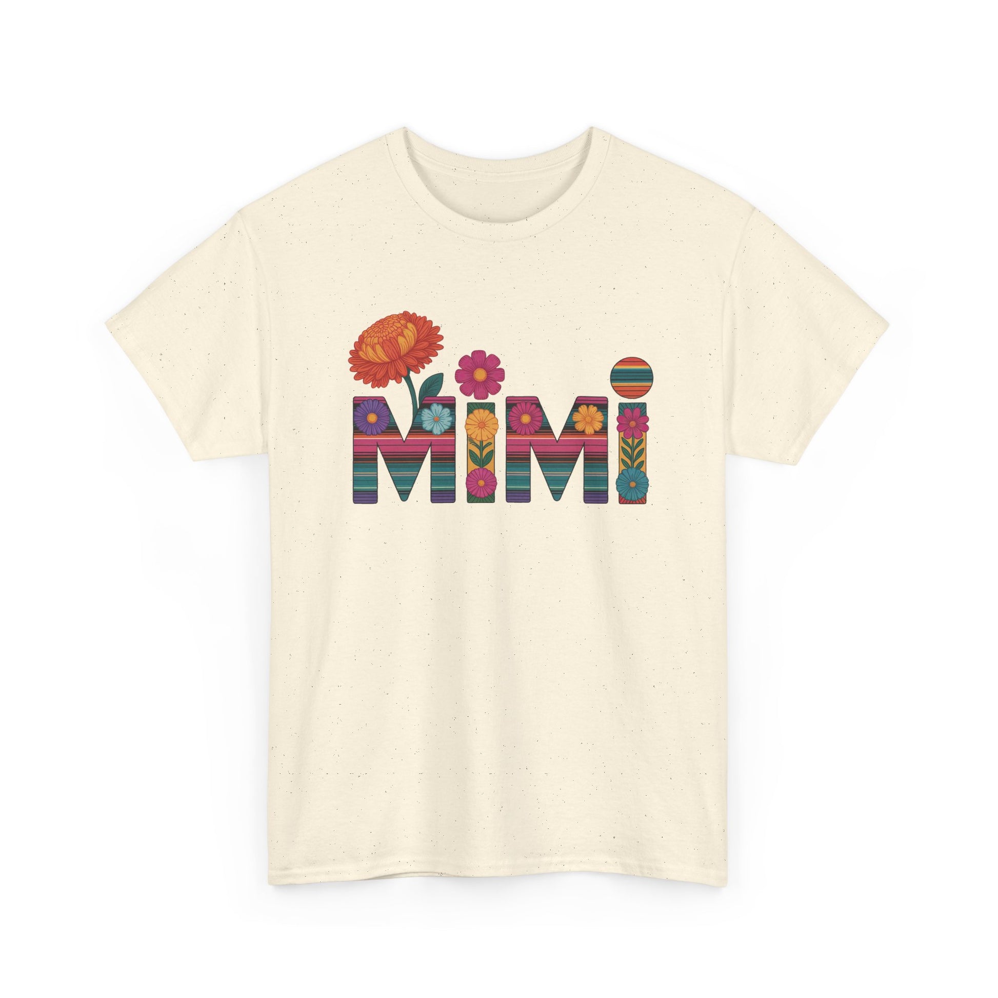 Natural Mimi floral t-shirt with serape striped letters and bright flowers