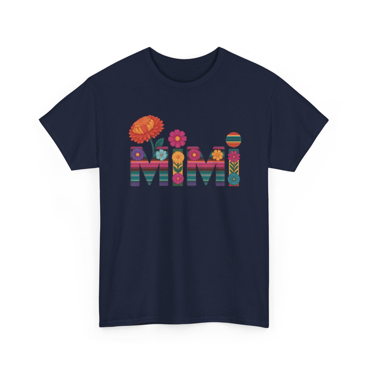 Navy Mimi floral t-shirt with serape striped letters and bright flowers