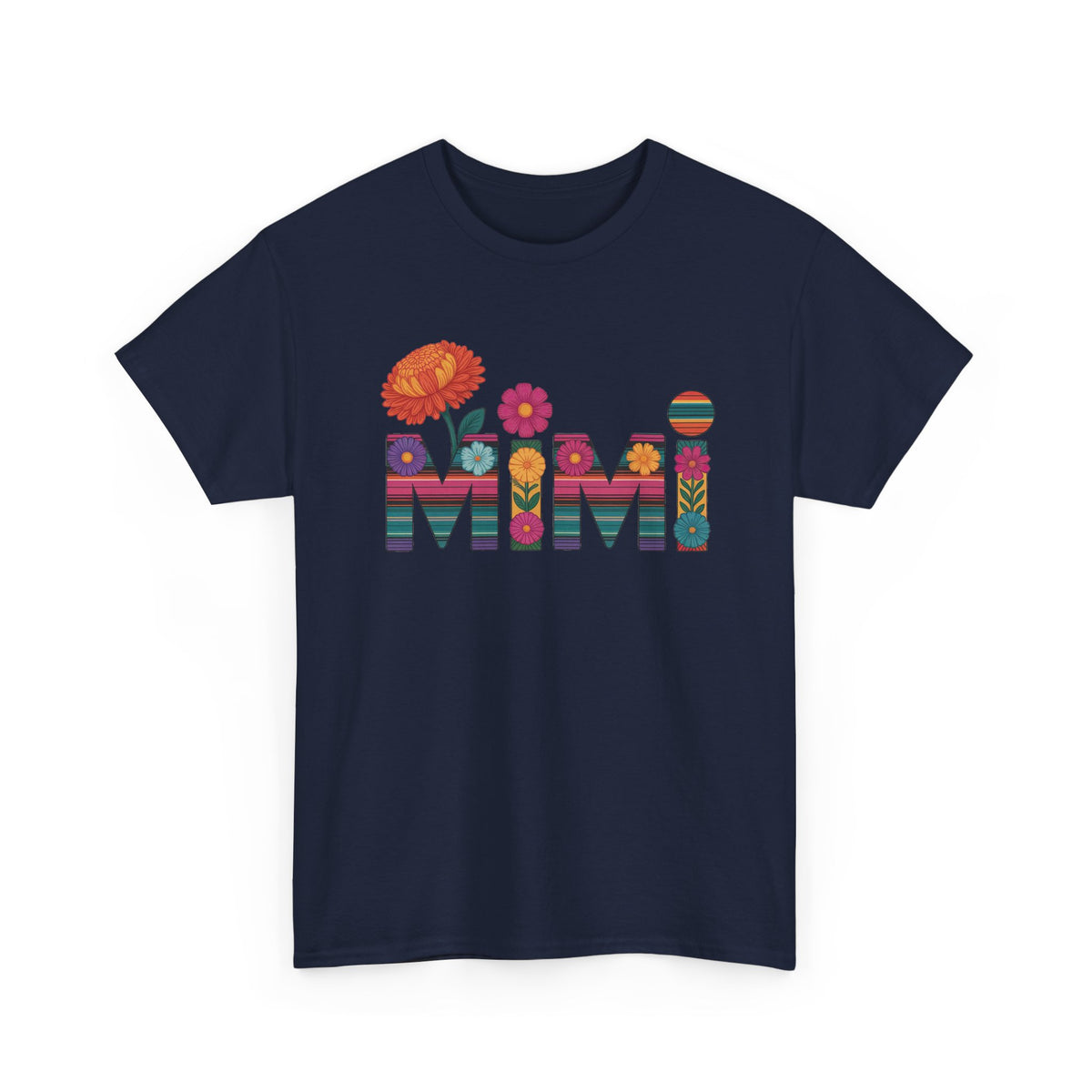 Navy Mimi floral t-shirt with serape striped letters and bright flowers