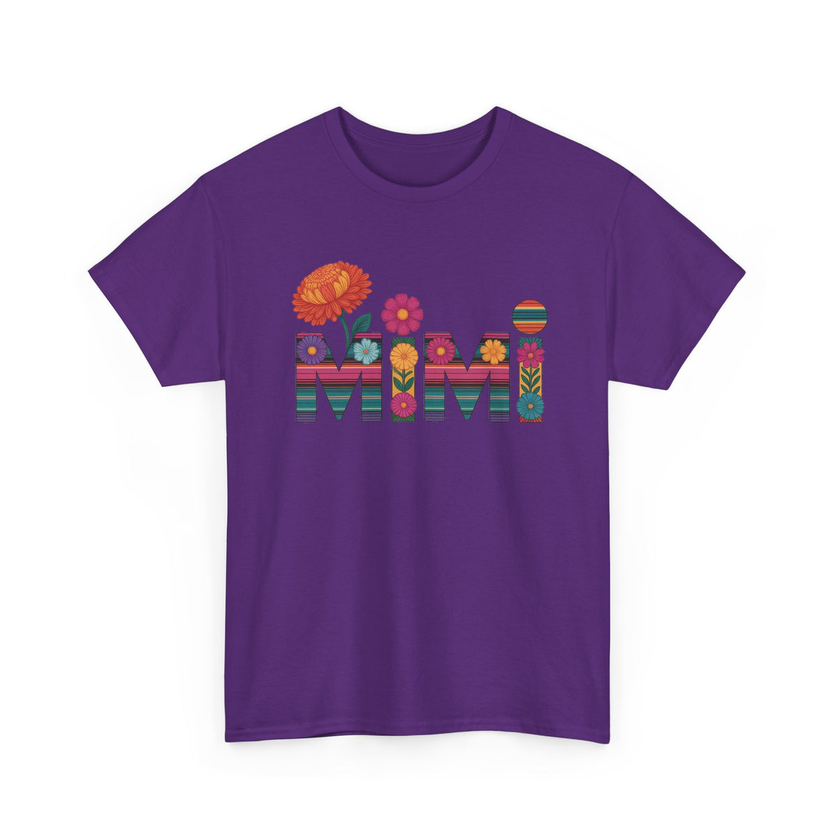 Purple Mimi floral t-shirt with serape striped letters and bright flowers