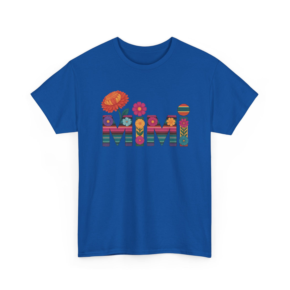 Royal blue Mimi floral t-shirt with serape striped letters and bright flowers