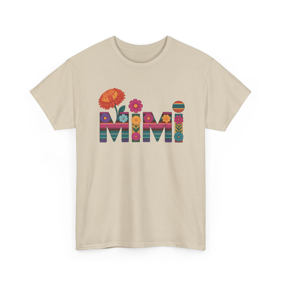 Sand Mimi floral t-shirt with serape striped letters and bright flowers