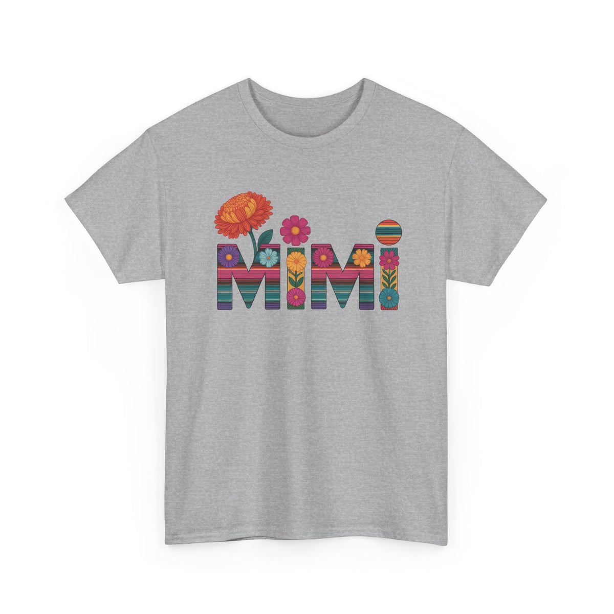 Sport grey Mimi floral t-shirt with serape striped letters and bright flowers
