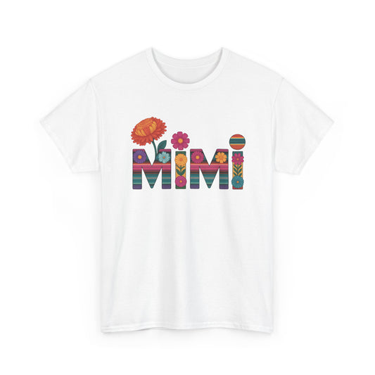 White Mimi floral t-shirt with serape striped letters and bright flowers