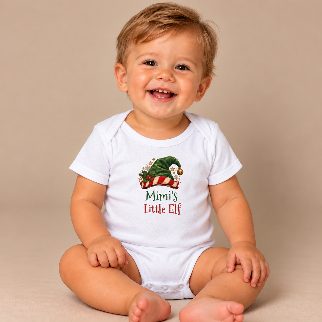 Baby wearing the White Mimi's Little Elf Baby Bodysuit