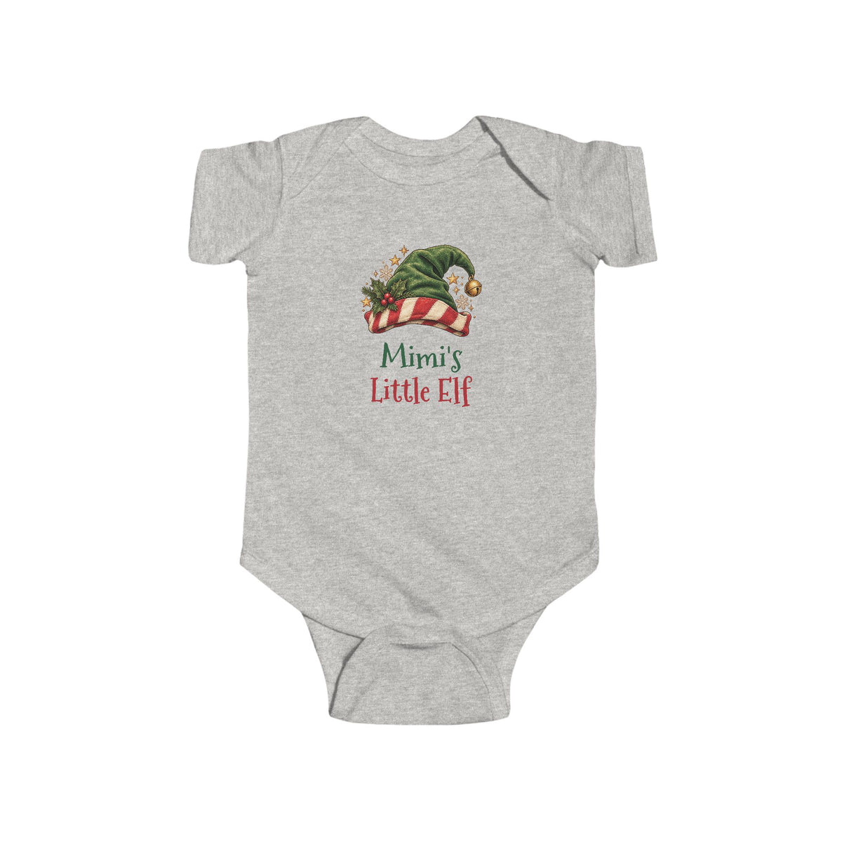 Ash Mimi's Little Elf baby bodysuit with a green elf hat and holly, front view