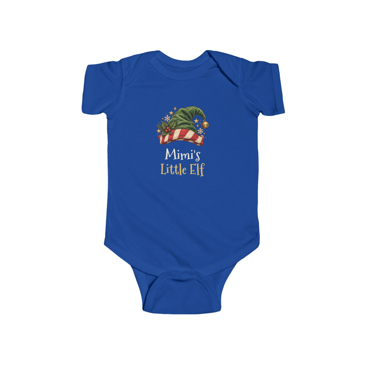 Royal Mimi's Little Elf baby bodysuit with a green elf hat and holly, front view