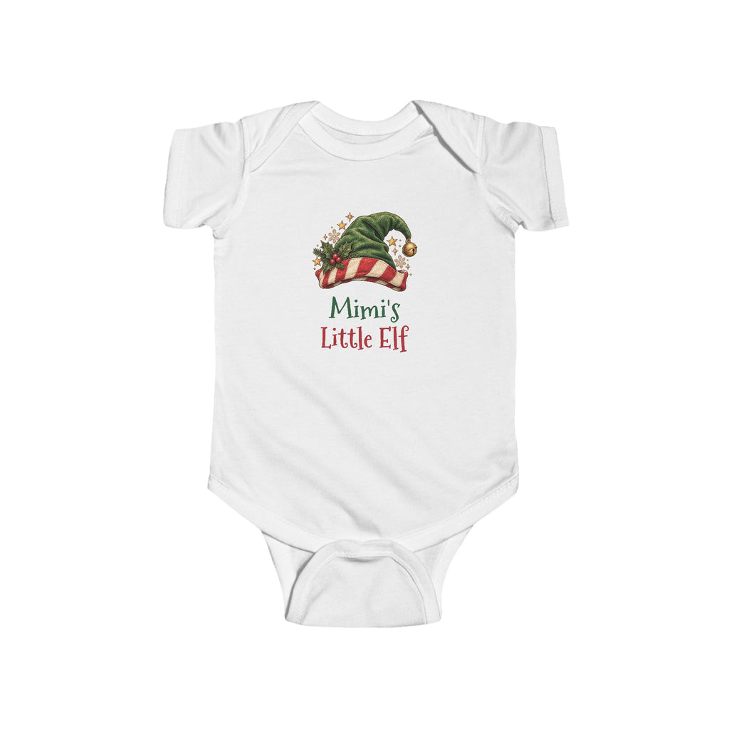 White Mimi's Little Elf baby bodysuit with a green elf hat and holly, front view