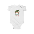 White Mimi's Little Elf baby bodysuit with a green elf hat and holly, front view