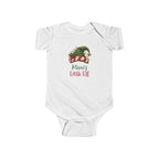 White Mimi's Little Elf baby bodysuit with a green elf hat and holly, front view