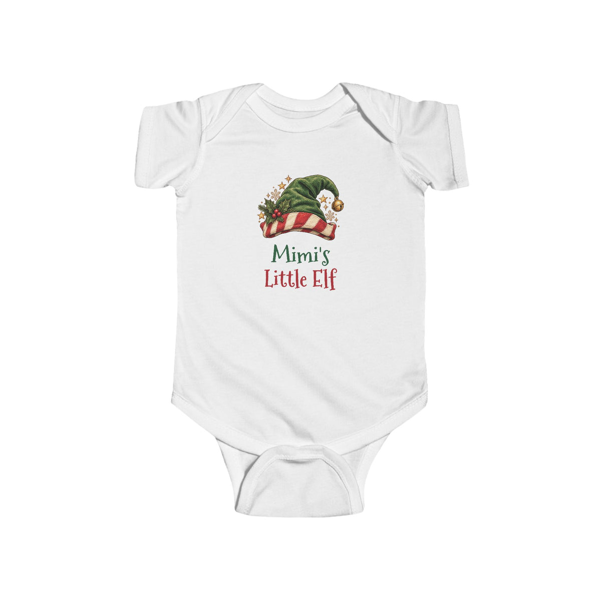 White Mimi's Little Elf baby bodysuit with a green elf hat and holly, front view