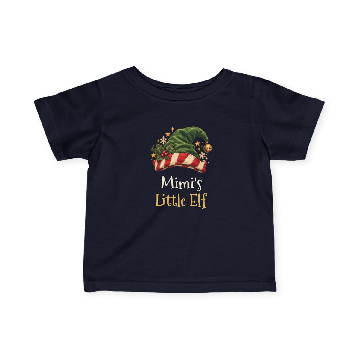 Navy Mimi's Little Elf baby t-shirt with a green elf hat and holly, front view