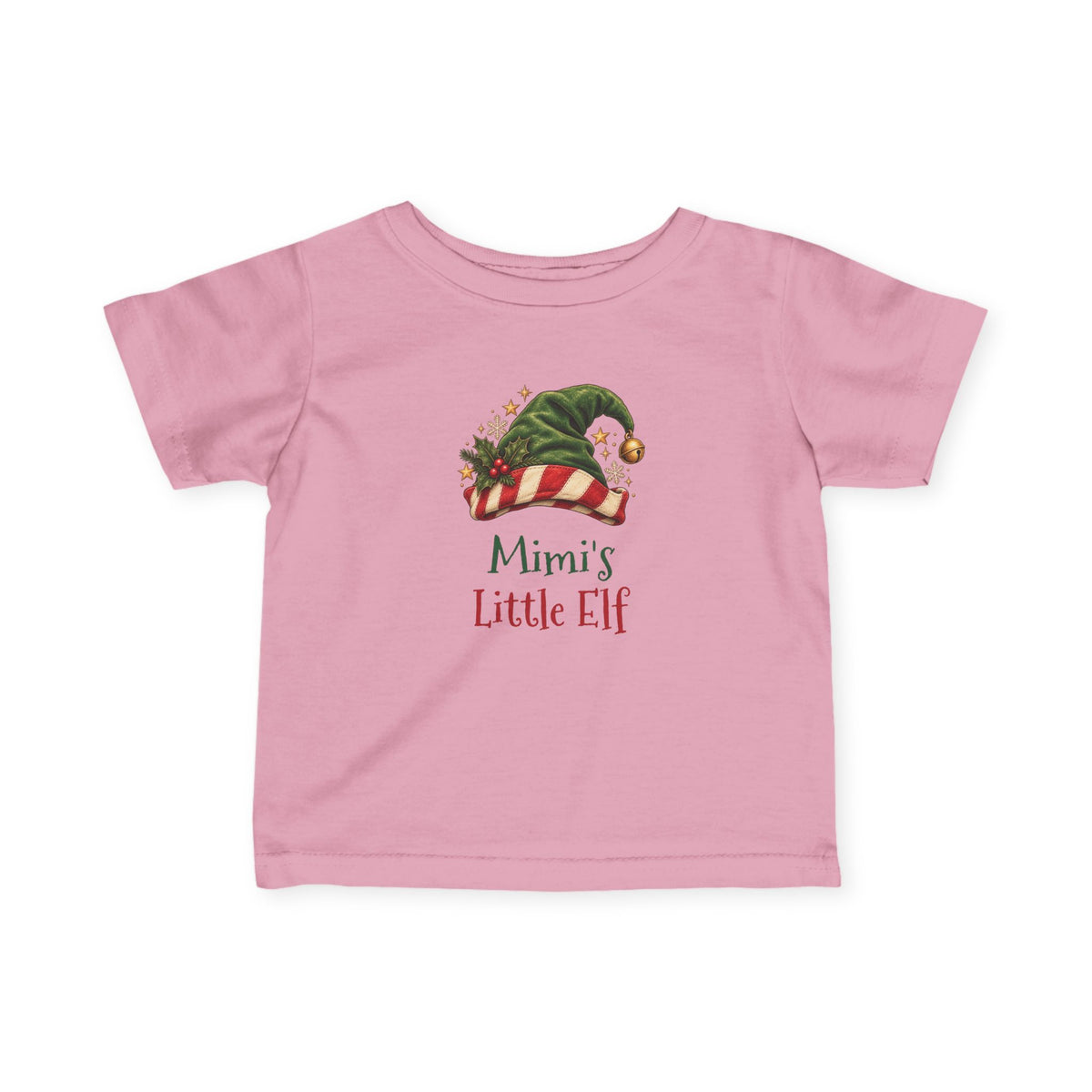 Pink Mimi's Little Elf baby t-shirt with a green elf hat and holly, front view