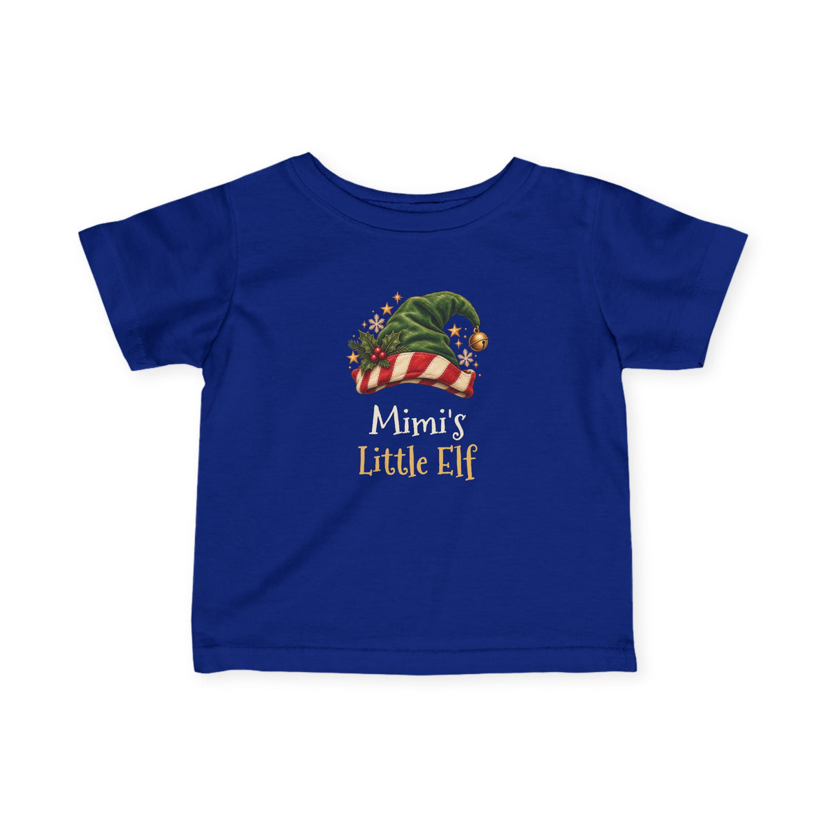 Royal Mimi's Little Elf baby t-shirt with a green elf hat and holly, front view