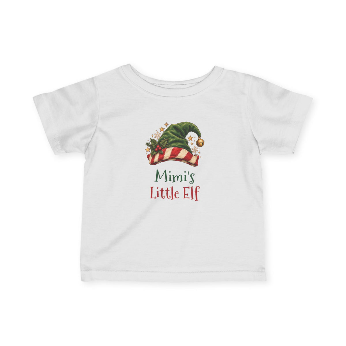 White Mimi's Little Elf baby t-shirt with a green elf hat and holly, front view