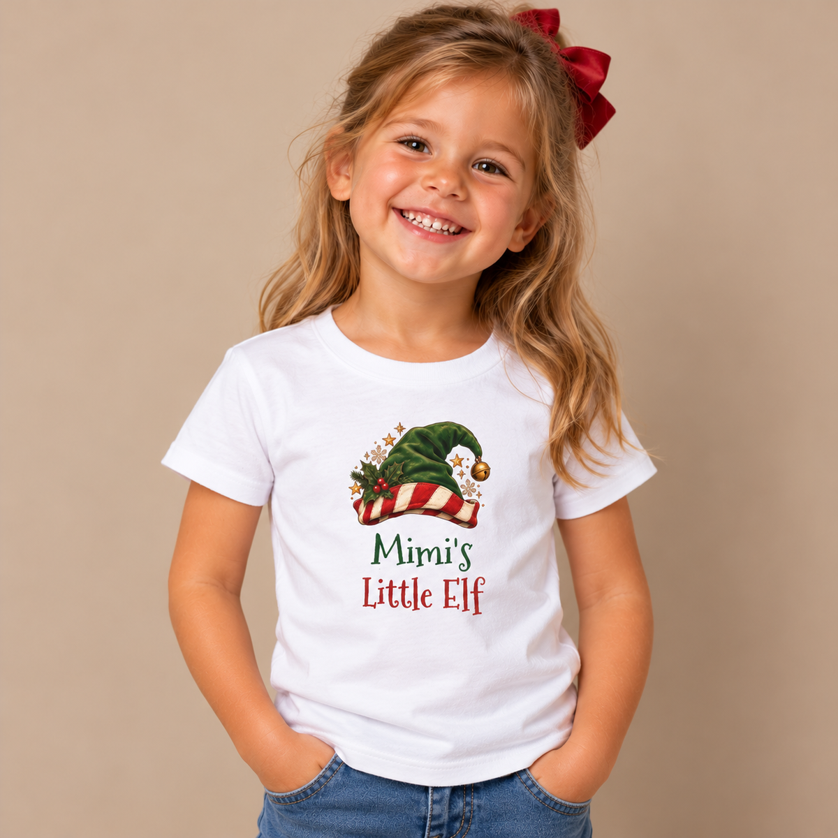 Girl wearing the White Mimi's Little Elf Kids T-Shirt