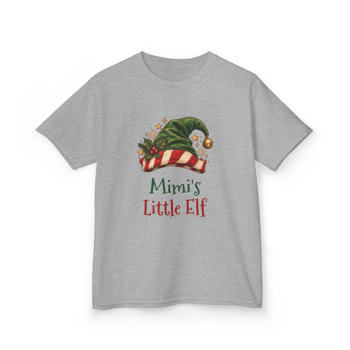 Sport Grey Mimi's Little Elf kids t-shirt with a green elf hat and holly, front view