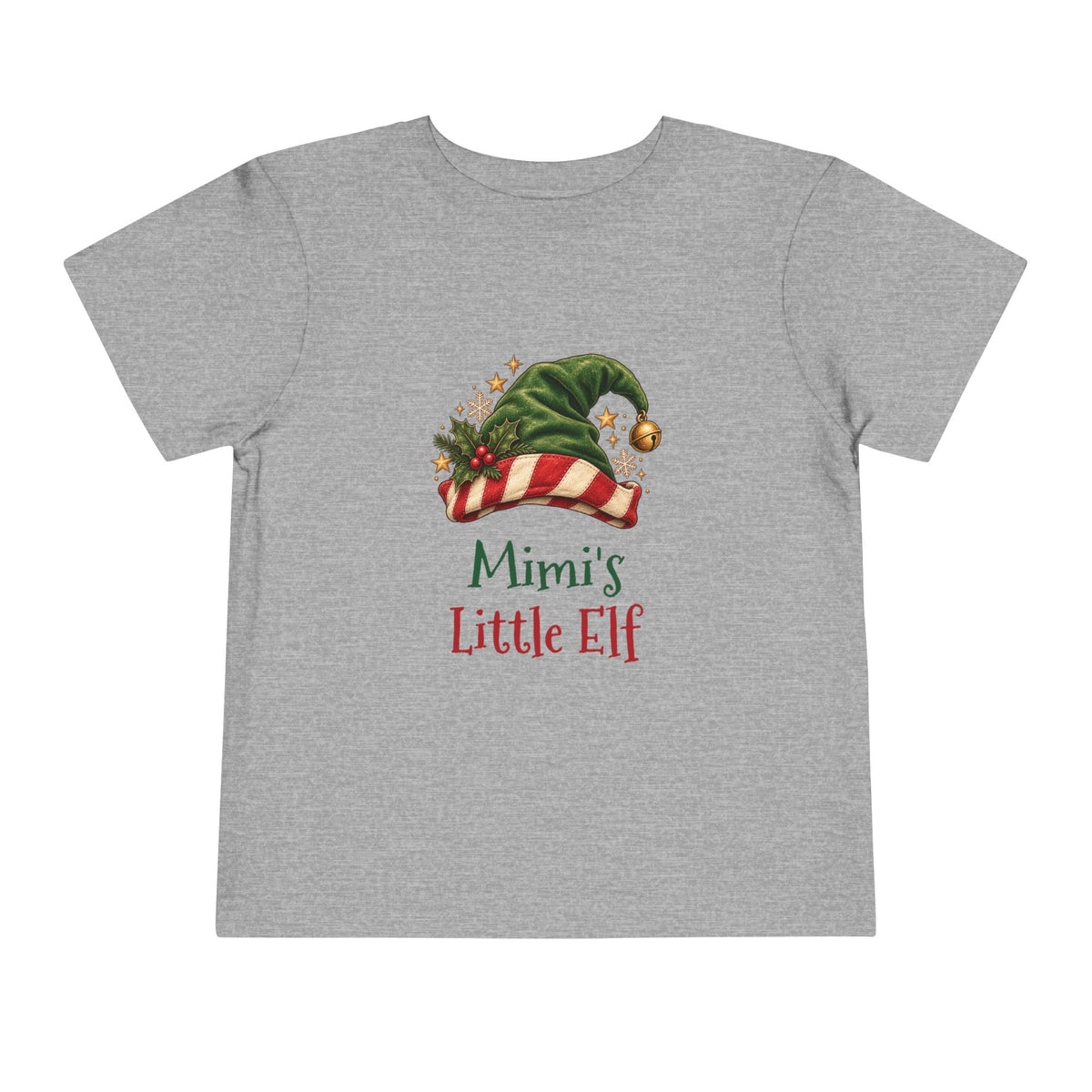 Athletic Heather Mimi's Little Elf toddler t-shirt with a green elf hat and holly, front view