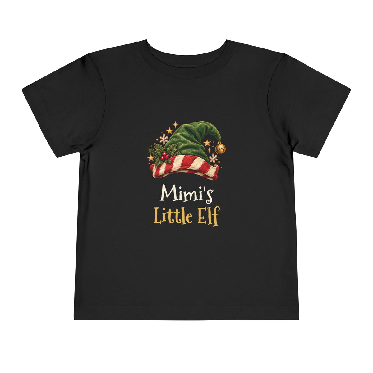Black Mimi's Little Elf toddler t-shirt with a green elf hat and holly, front view
