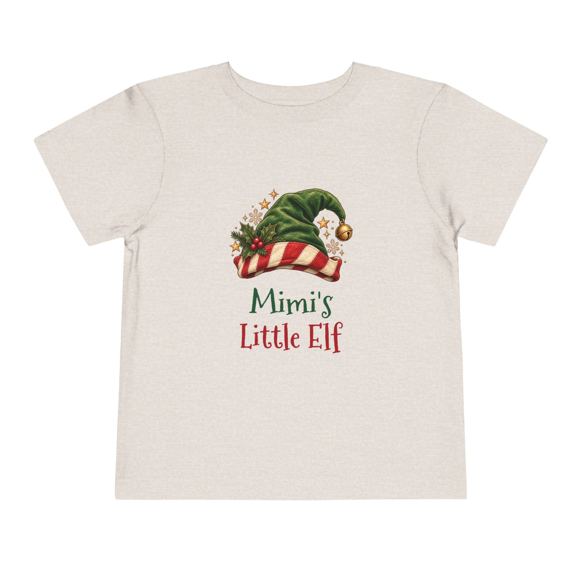 Heather Dust Mimi's Little Elf toddler t-shirt with a green elf hat and holly, front view