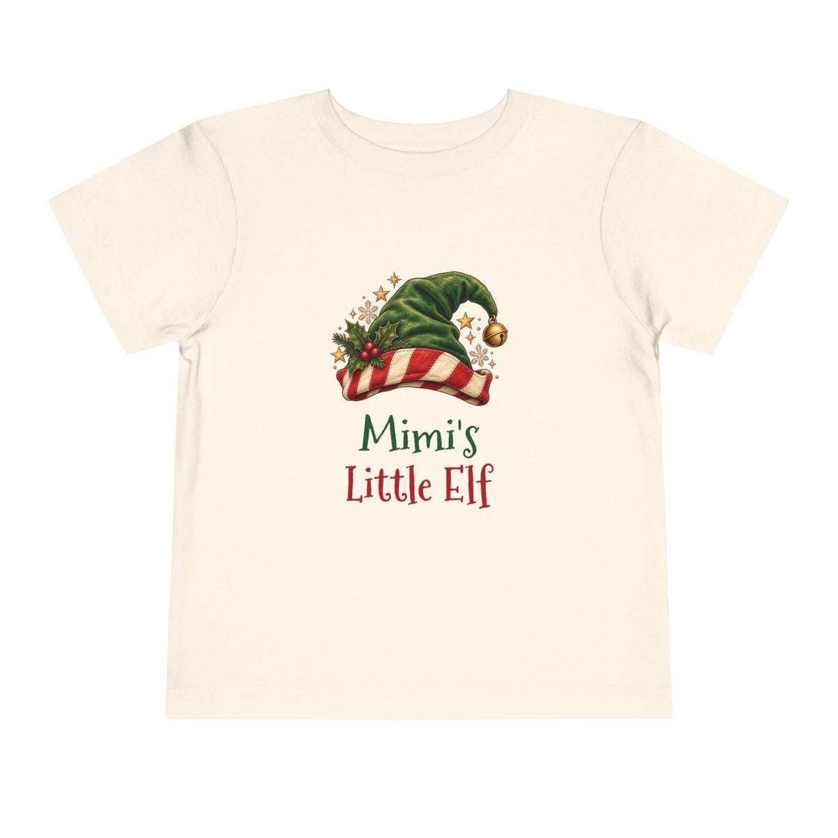 Natural Mimi's Little Elf toddler t-shirt with a green elf hat and holly, front view