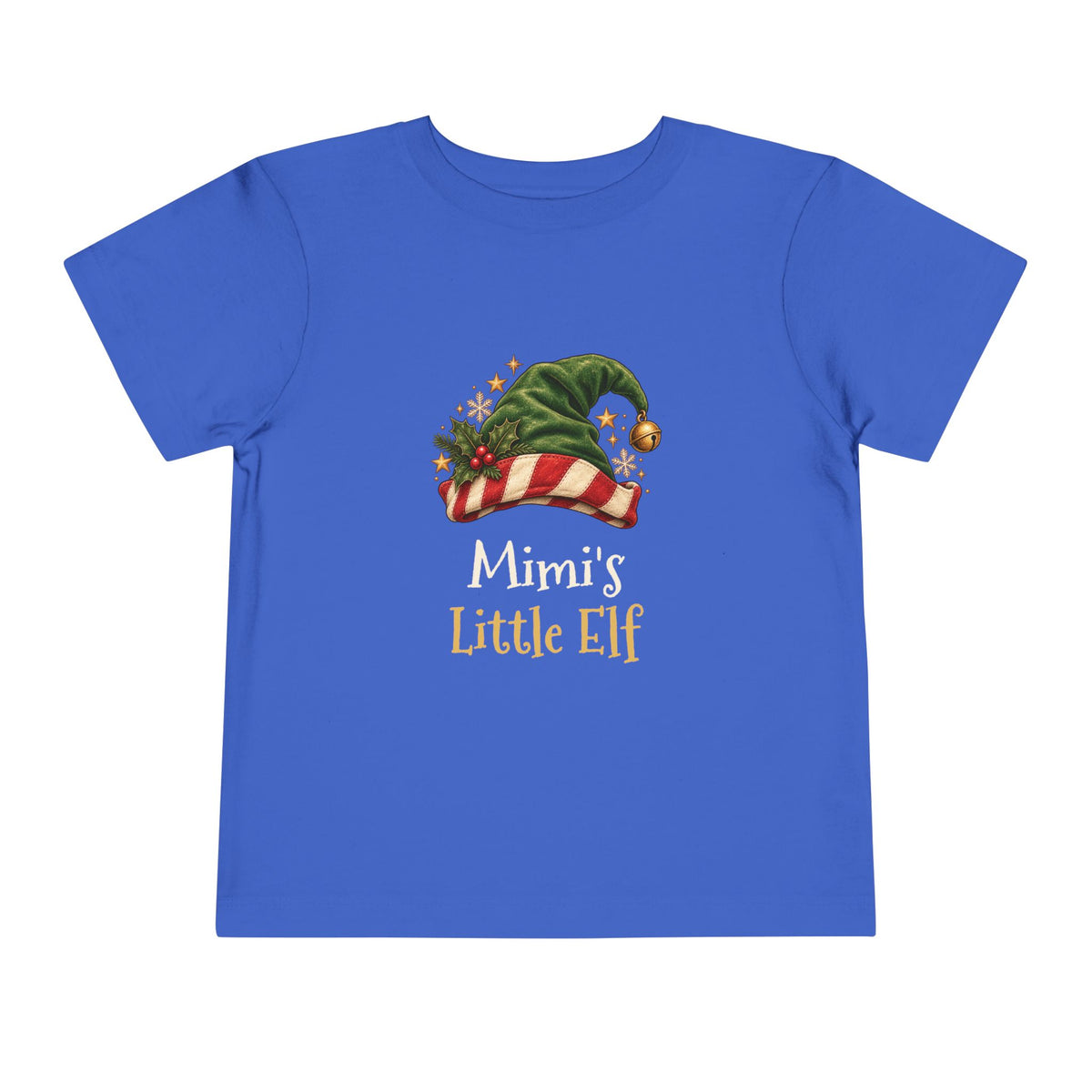 True Royal Mimi's Little Elf toddler t-shirt with a green elf hat and holly, front view