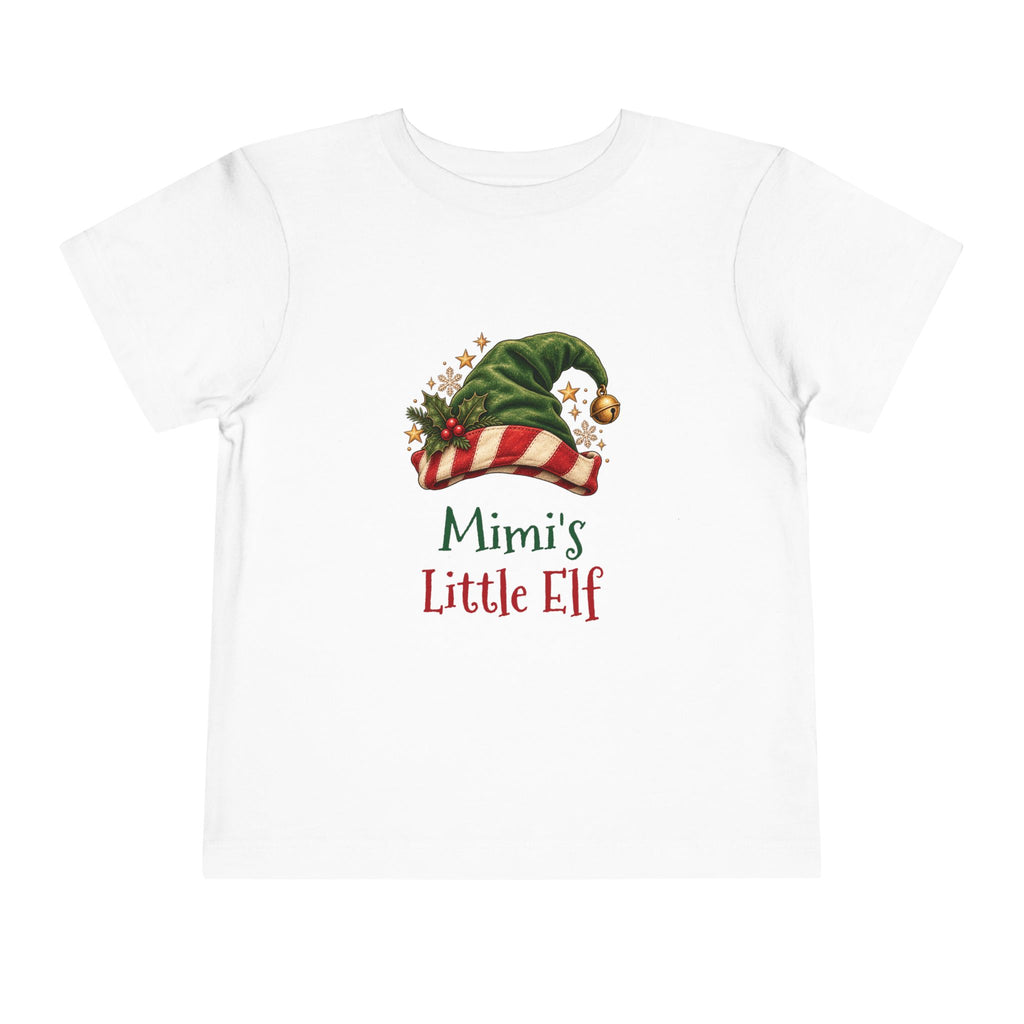 White Mimi's Little Elf toddler t-shirt with a green elf hat and holly, front view