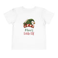 White Mimi's Little Elf toddler t-shirt with a green elf hat and holly, front view