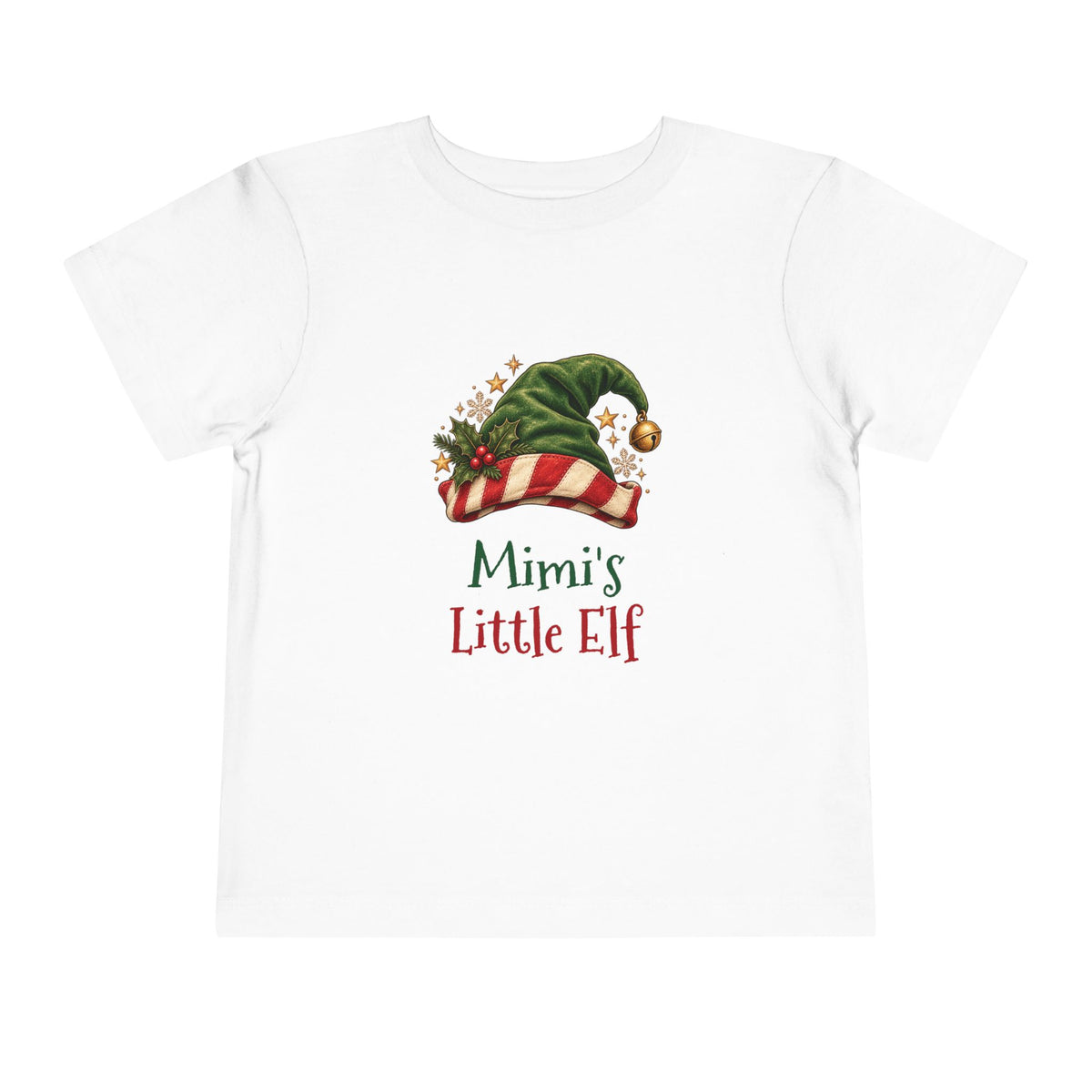 White Mimi's Little Elf toddler t-shirt with a green elf hat and holly, front view