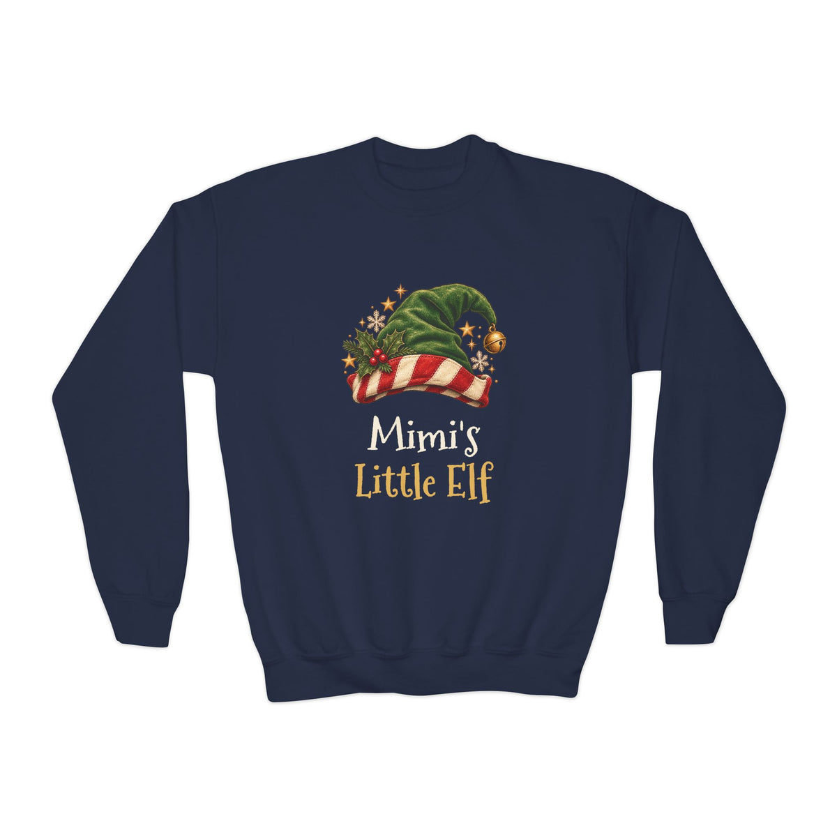 Navy Mimi's Little Elf youth sweatshirt with a green elf hat and holly, front view