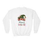 White Mimi's Little Elf youth sweatshirt with a green elf hat and holly, front view