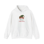 White Mimi's Little Elves hoodie with a green elf hat and holly, front view