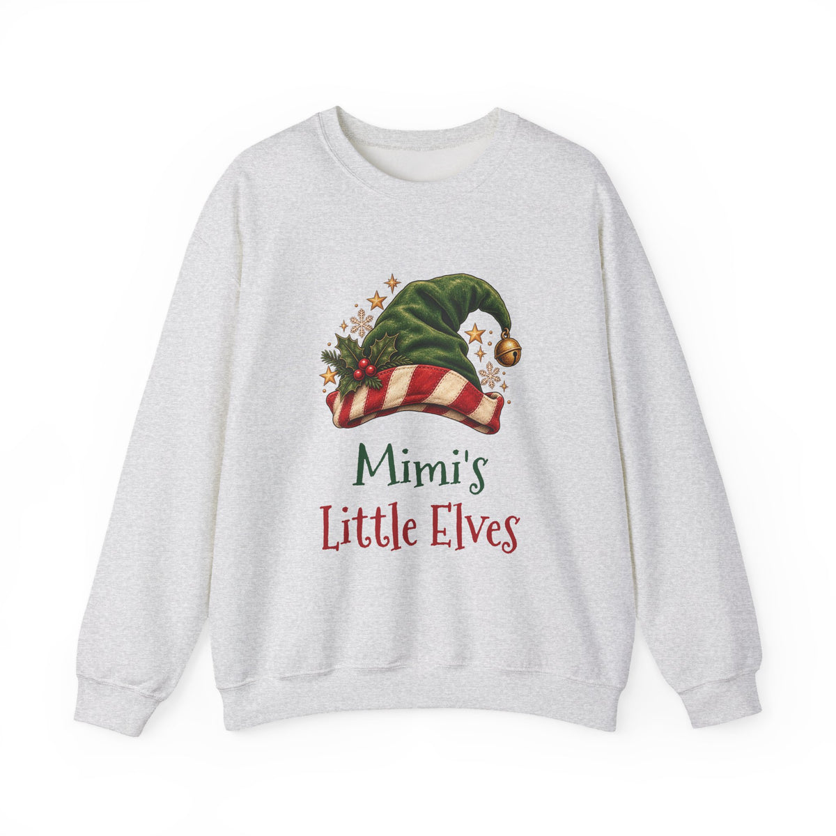 Ash Mimi's Little Elves sweatshirt with a green elf hat and holly, front view