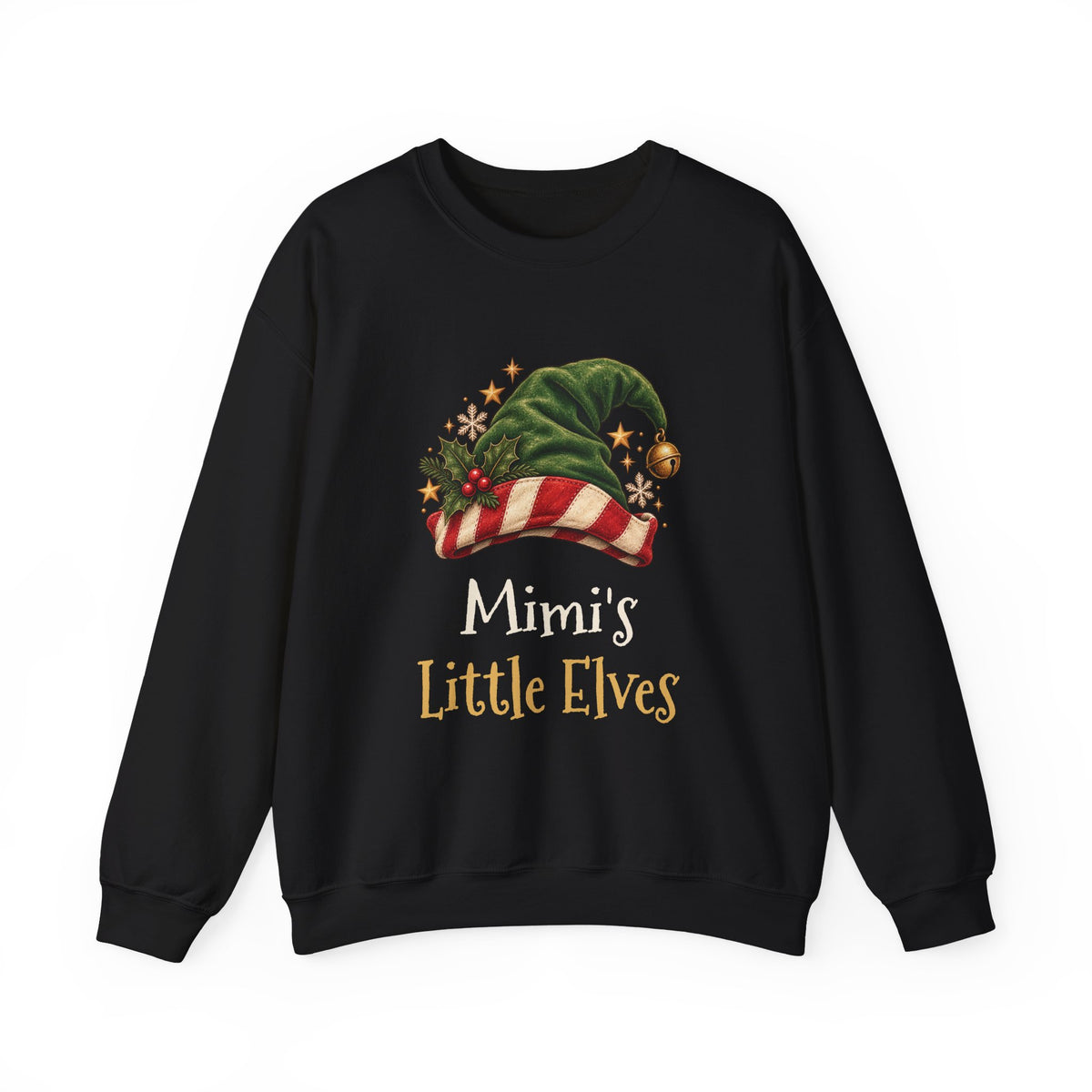 Black Mimi's Little Elves sweatshirt with a green elf hat and holly, front view