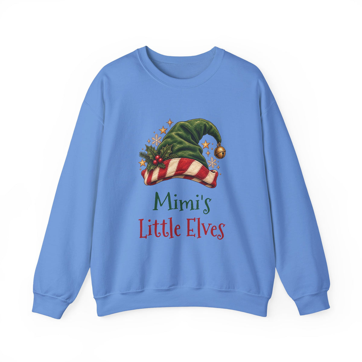 Carolina Blue Mimi's Little Elves sweatshirt with a green elf hat and holly, front view