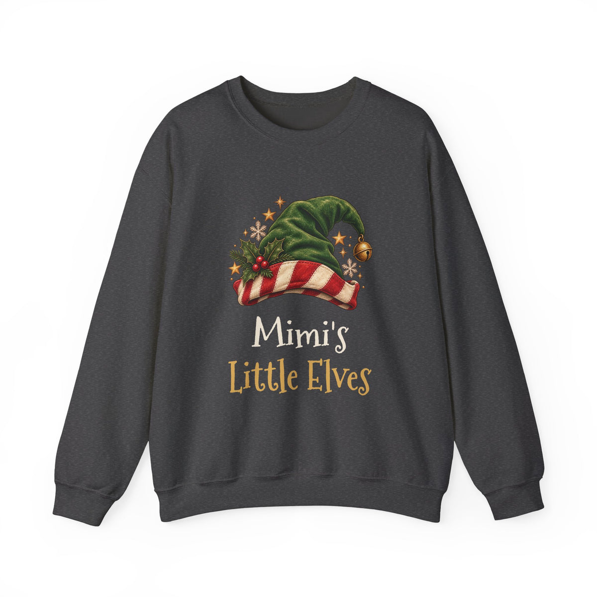 Dark Heather Mimi's Little Elves sweatshirt with a green elf hat and holly, front view