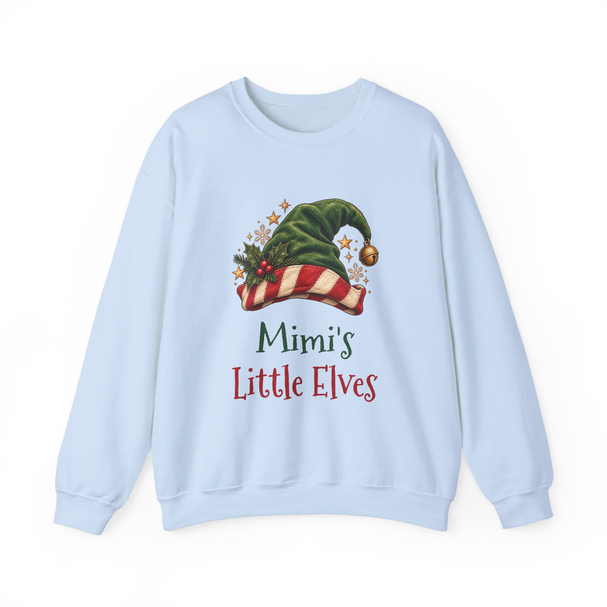 Light Blue Mimi's Little Elves sweatshirt with a green elf hat and holly, front view