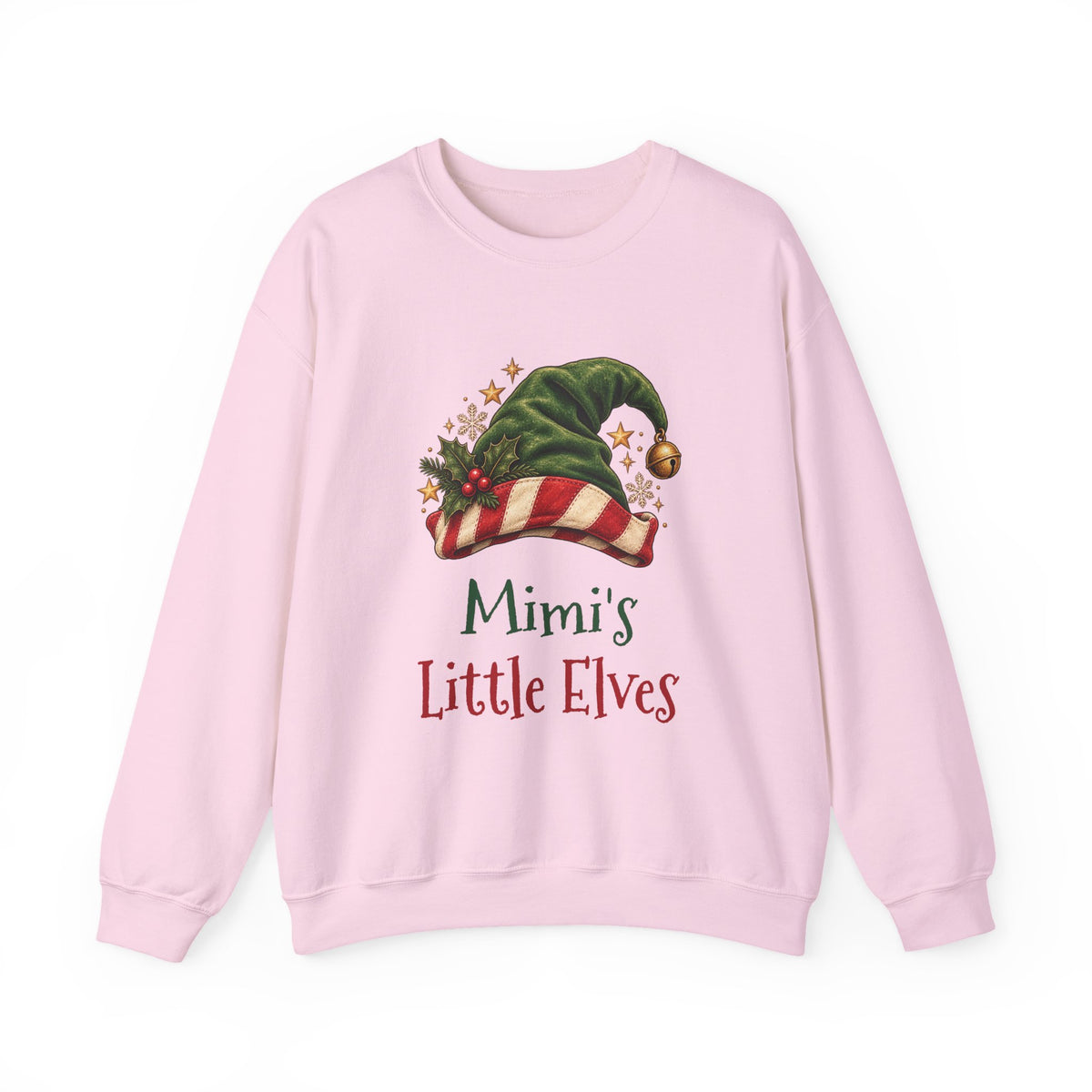 Light Pink Mimi's Little Elves sweatshirt with a green elf hat and holly, front view
