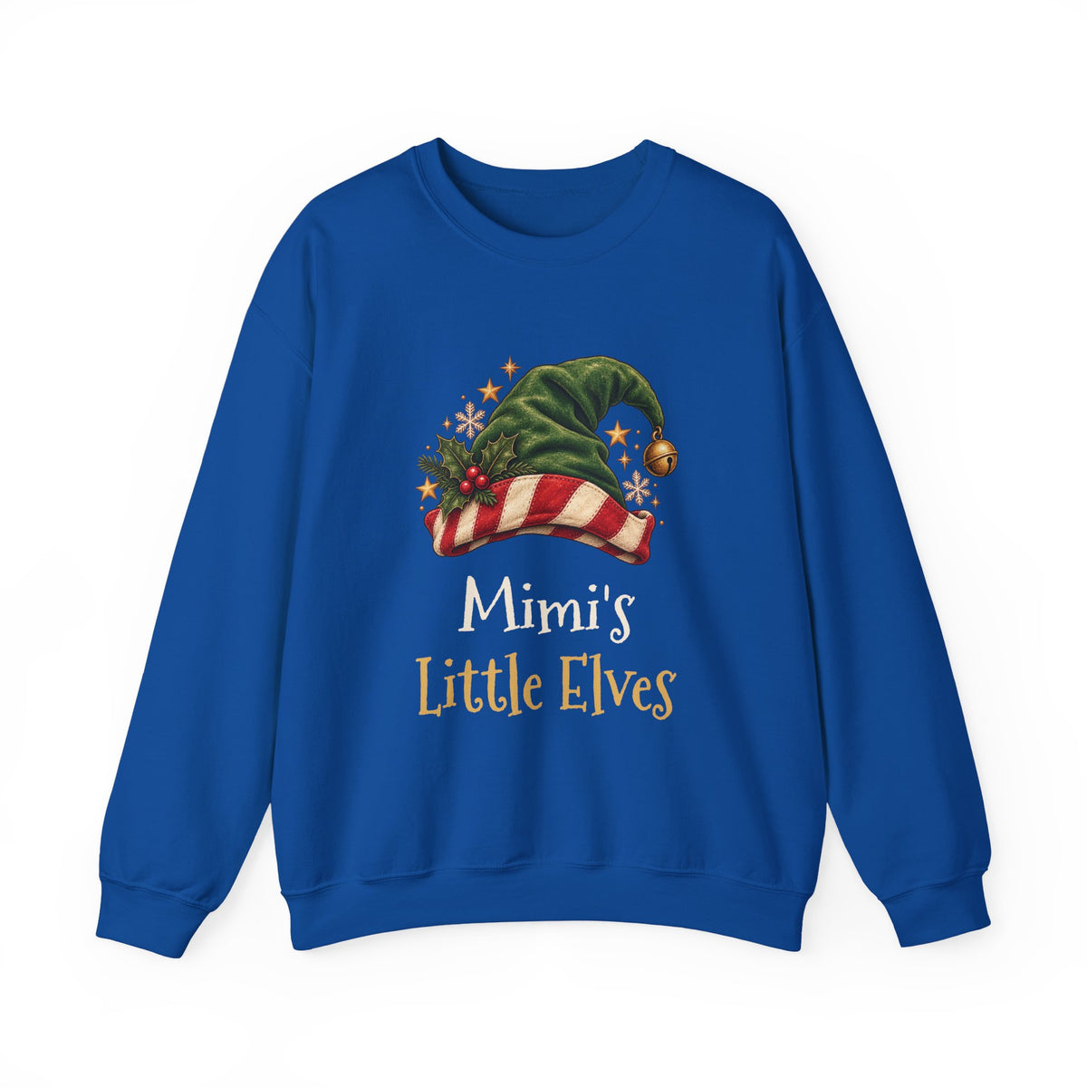 Royal Mimi's Little Elves sweatshirt with a green elf hat and holly, front view