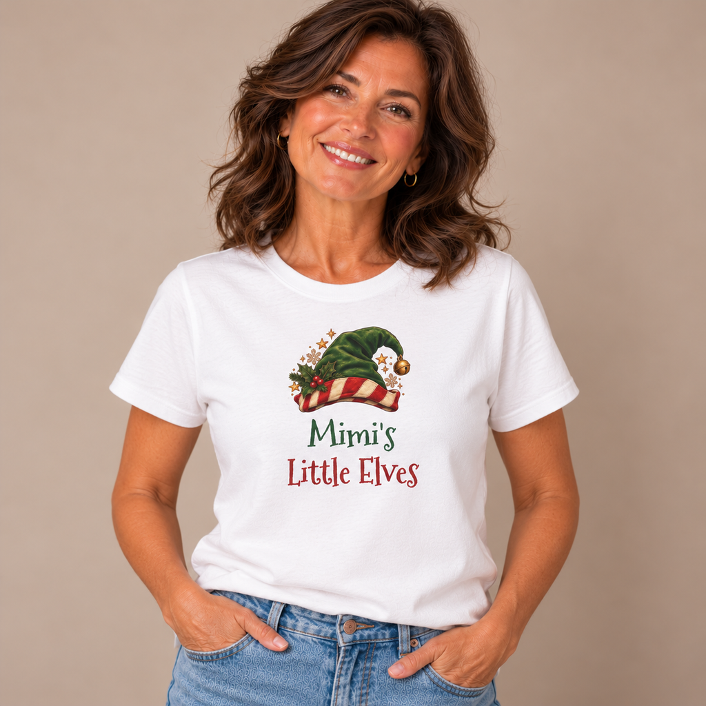 Woman wearing the White Mimi's Little Elves T-Shirt with jeans