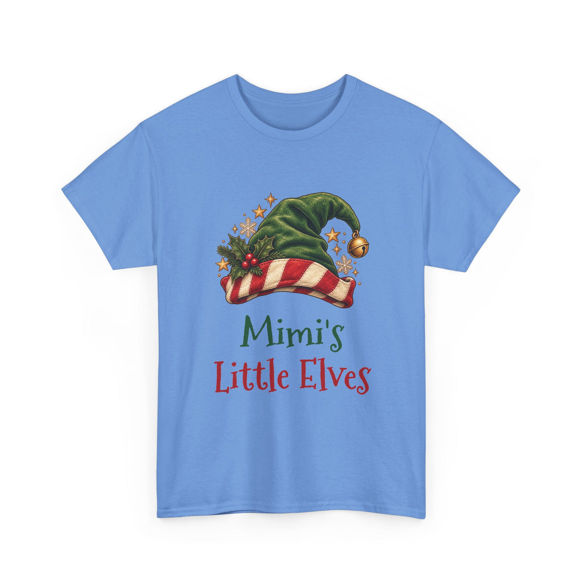 Carolina Blue Mimi's Little Elves t-shirt with a green elf hat and holly, front view