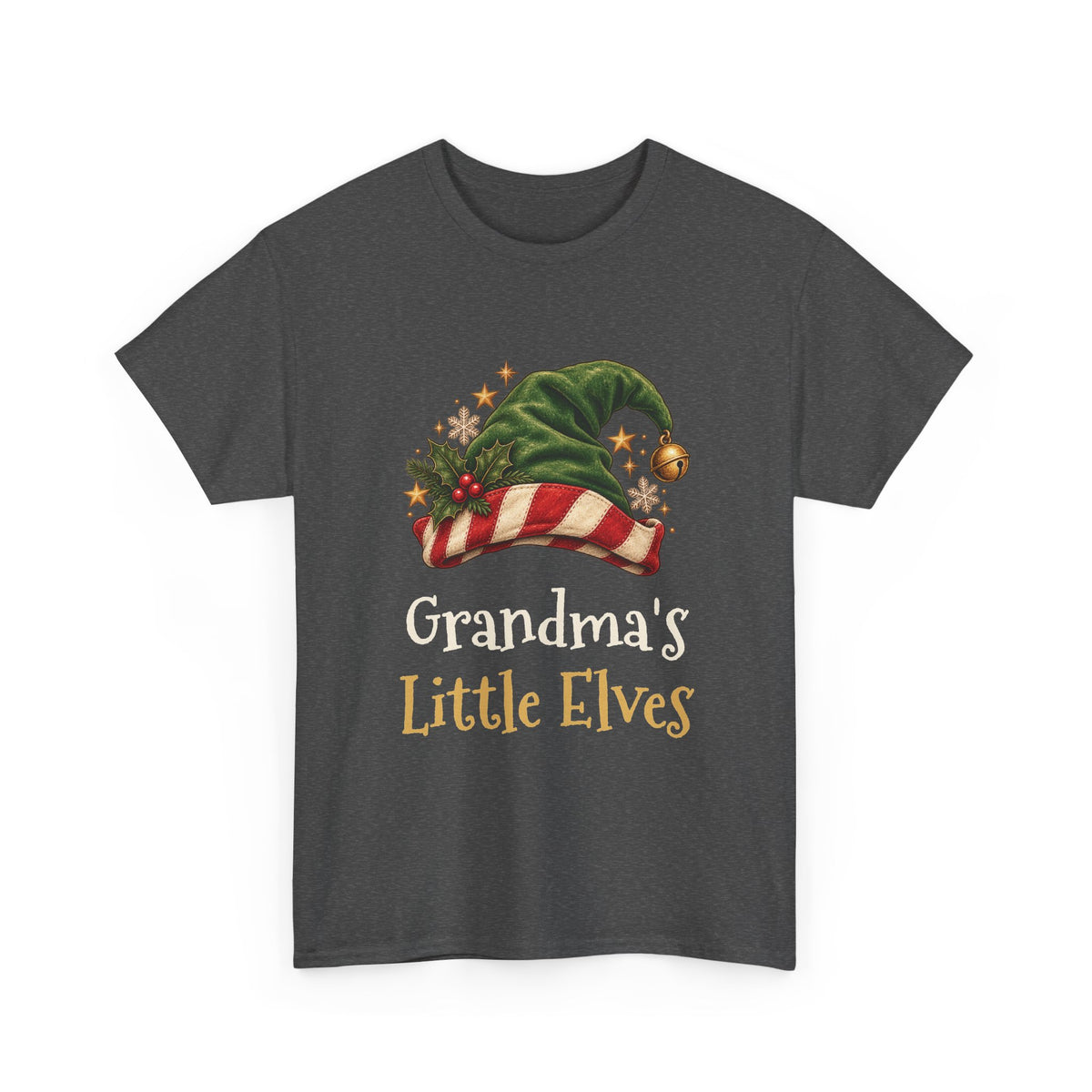 Dark Heather Mimi's Little Elves t-shirt with a green elf hat and holly, front view