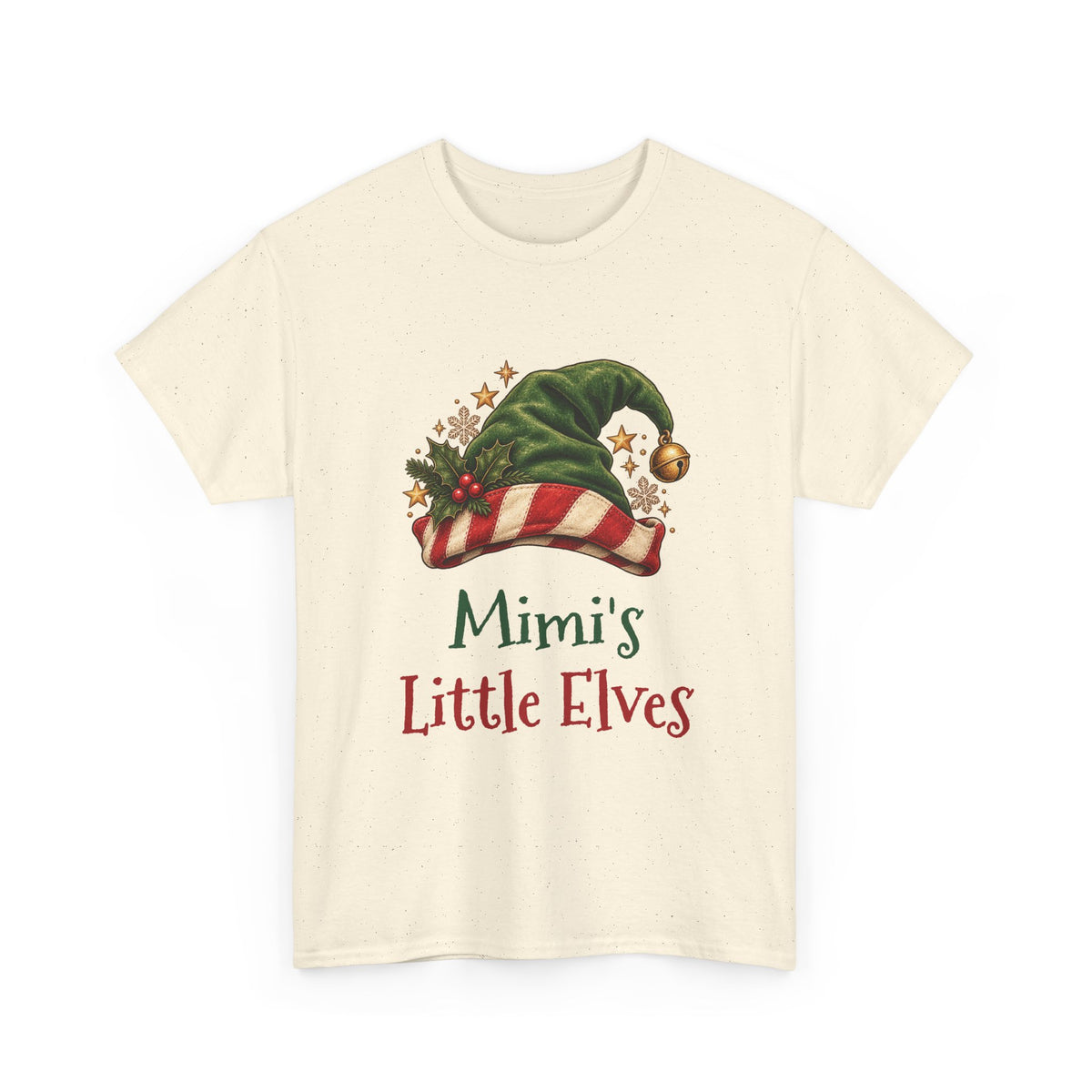 Natural Mimi's Little Elves t-shirt with a green elf hat and holly, front view